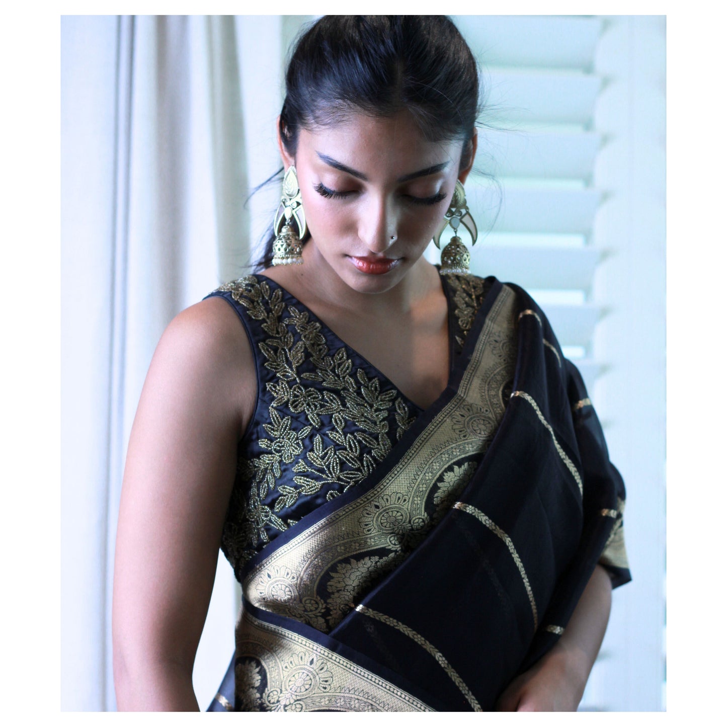 Black and Gold Hand Embroidered-Beaded Blouse / Size 36