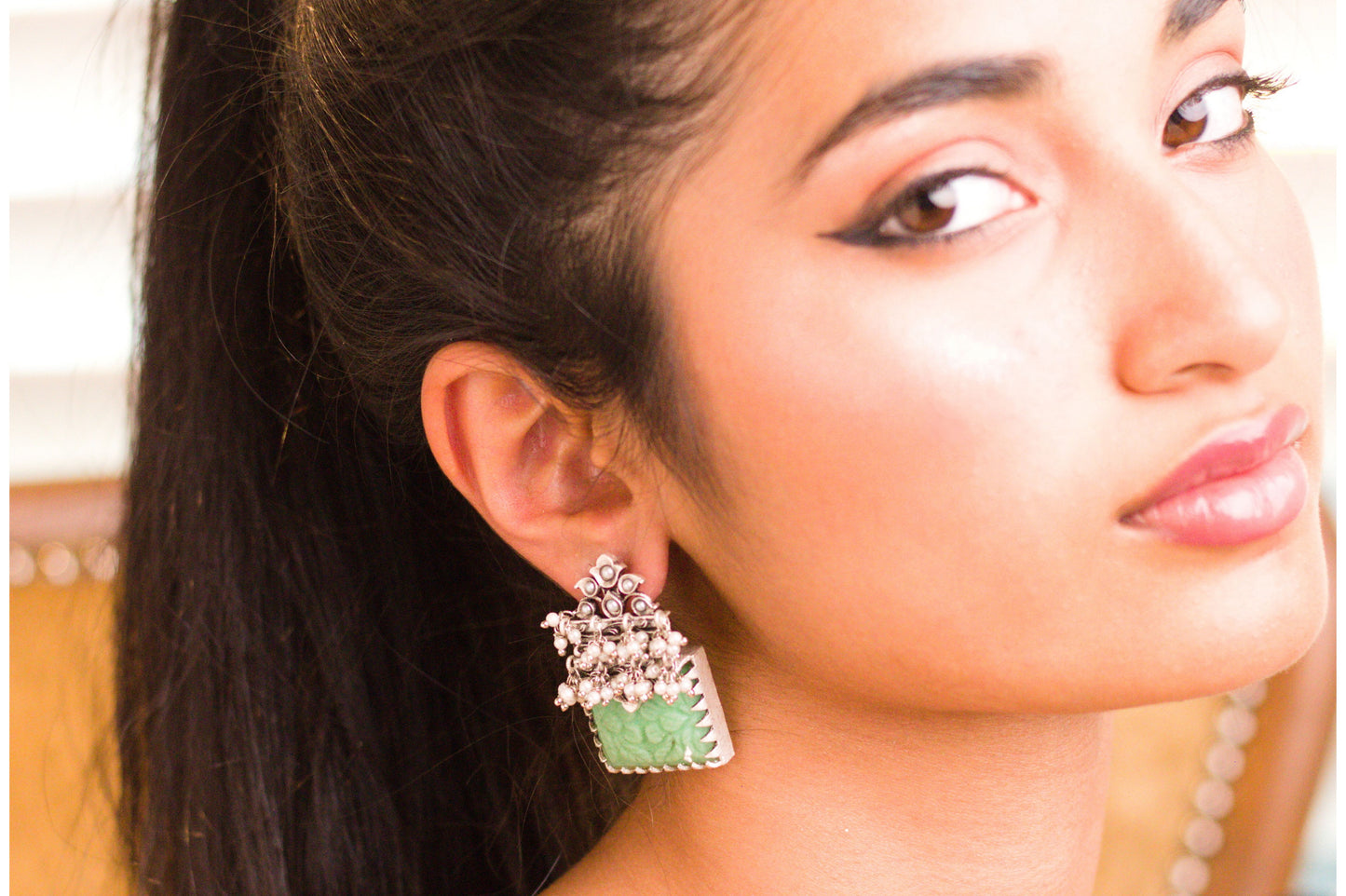 Pearl Cluster Soft Jade Engraved Earrings