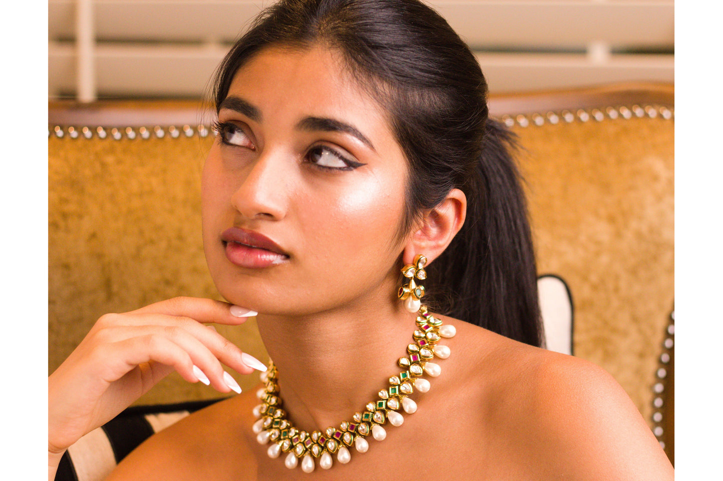 24K Gold Plated Polki and Tear Drop Pearl Choker Set