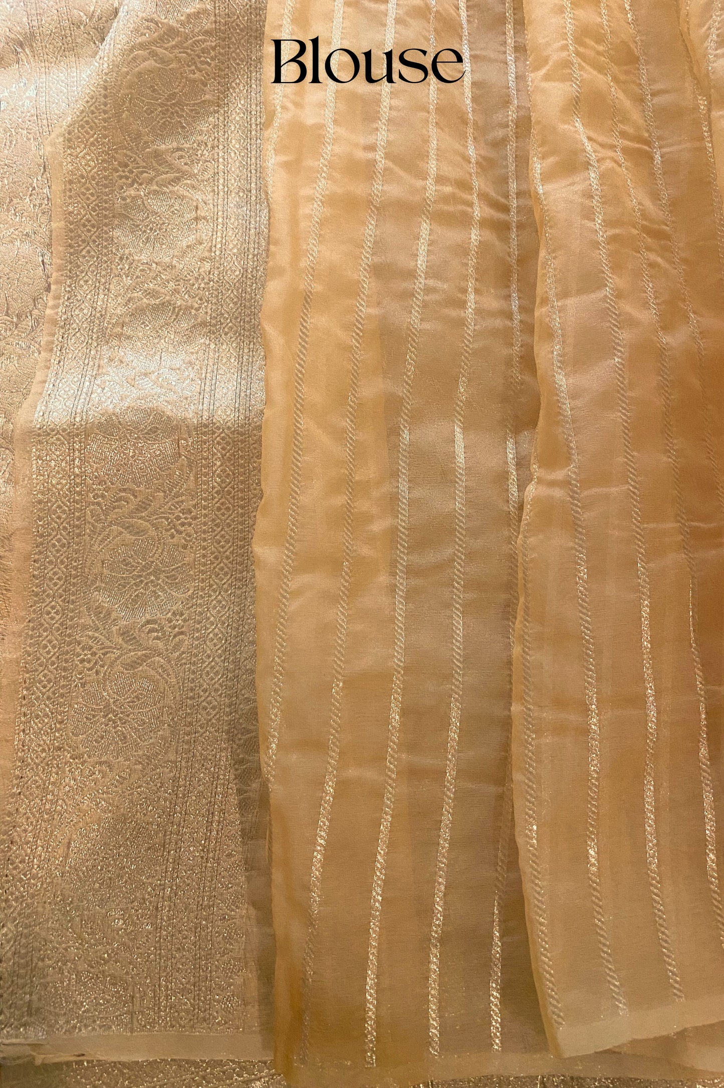 Nude Gold Dahlia Boota Handwoven Pure Kora Silk Banarasi Saree.