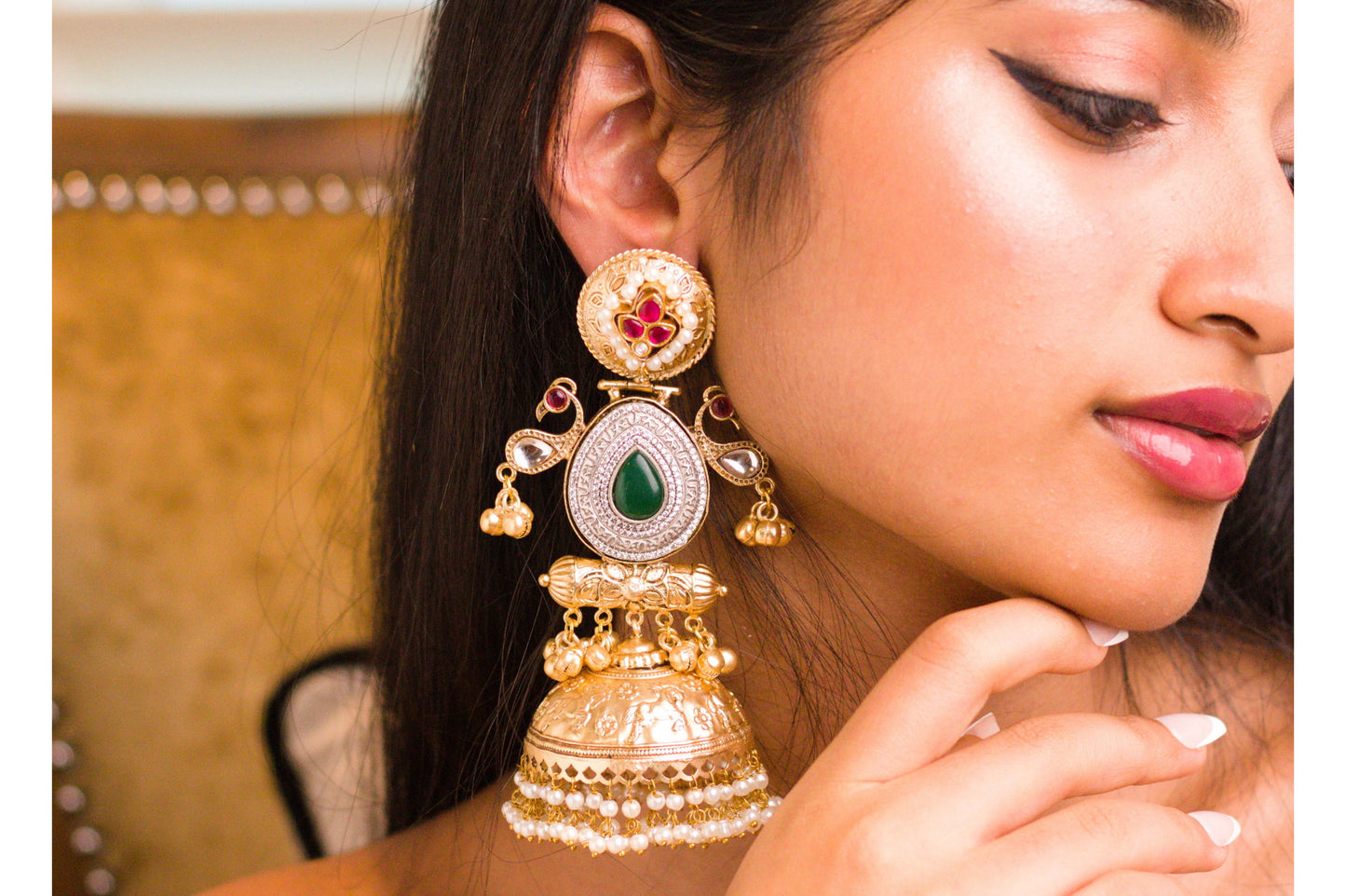 Shy Bird Green Drop Sona Chandi Thappa Jhumkas