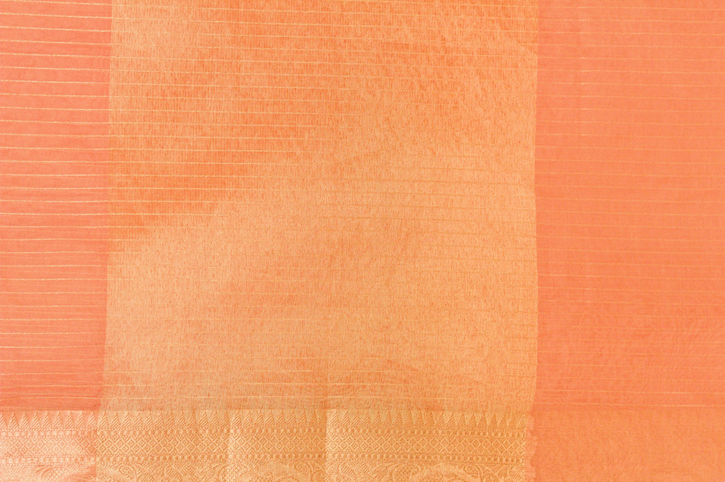 Rust Pink Pure Banarasi Organza Saree With Woven Gold Pin Stripes and a Wide Jari border.