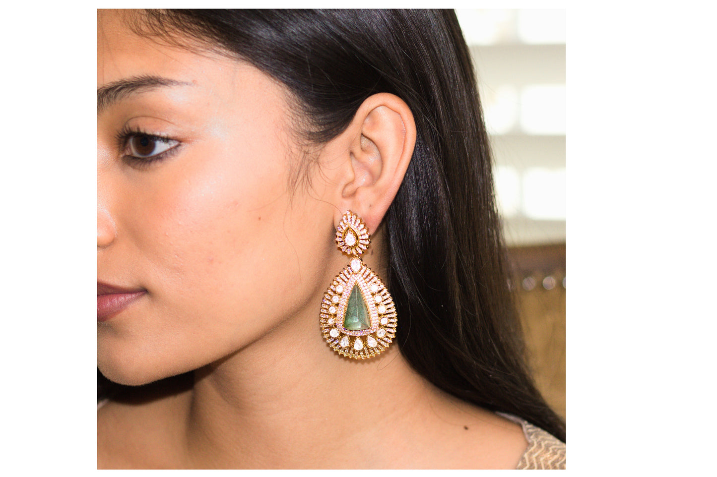 Stone Studded Green Moissanite Statement Earrings