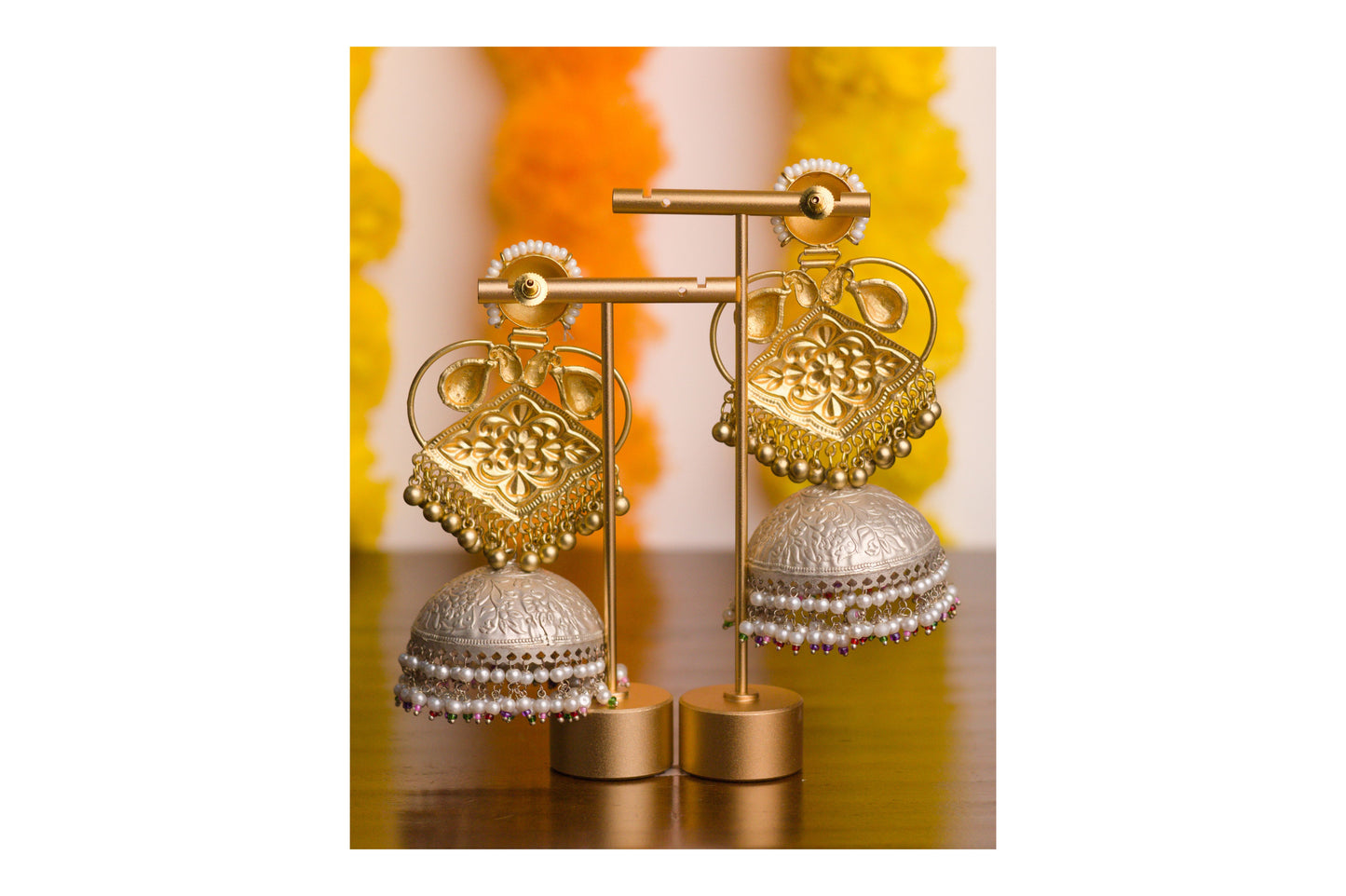 Gold and Silver Rani Pink Paisley Thappi Jhumkas