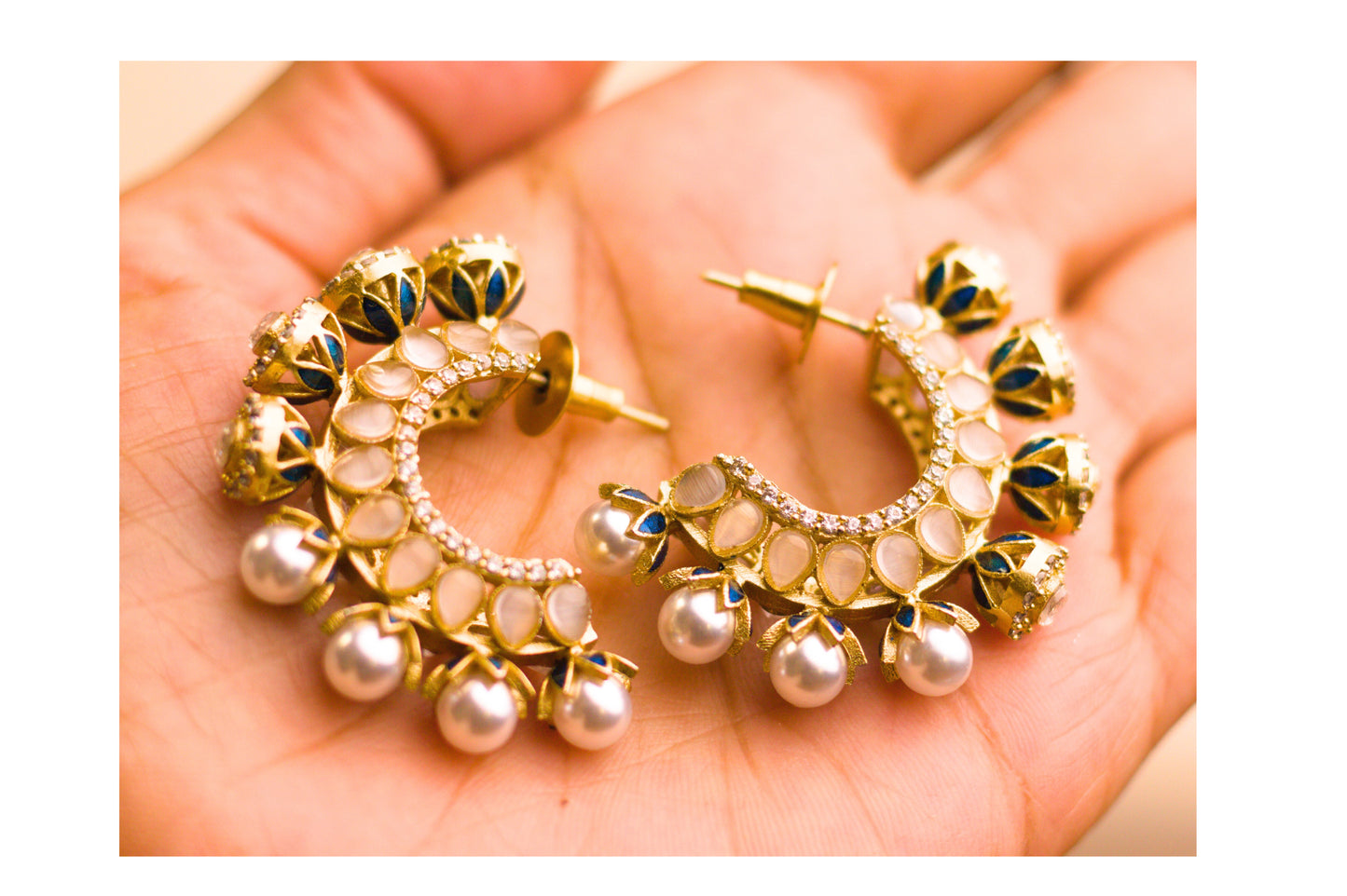 Teal Meena Pearl and Stone Half Hoop Earrings