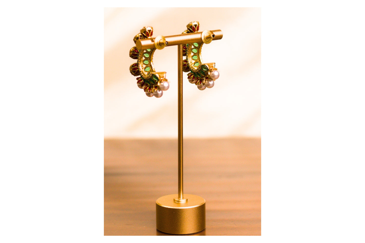 Red and Green Meena Stone and Pearl Half Hoop Earrings