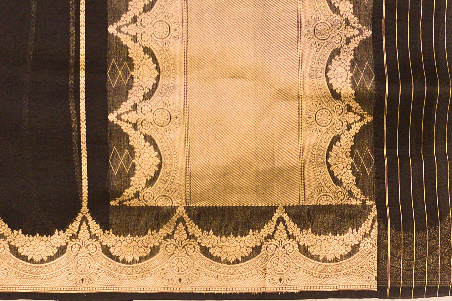Black Kora Silk Banarasi Handloom Saree With Scallop Border and Stripes In Gold Zari.