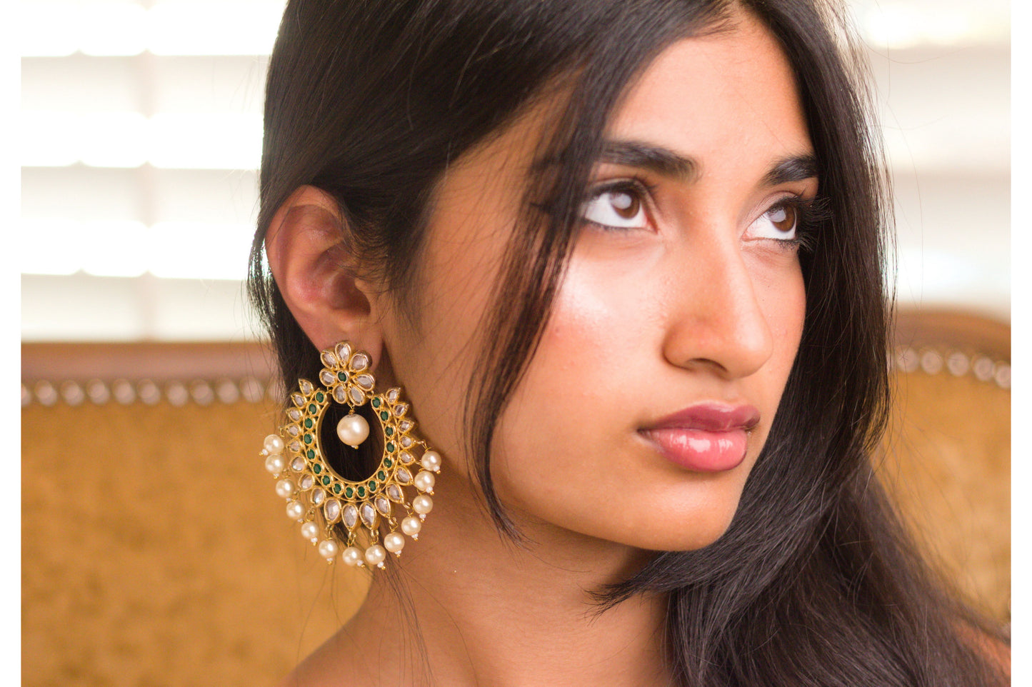 Green and Clear Stone Studded Chandbali Earrings with Pearl Drops.