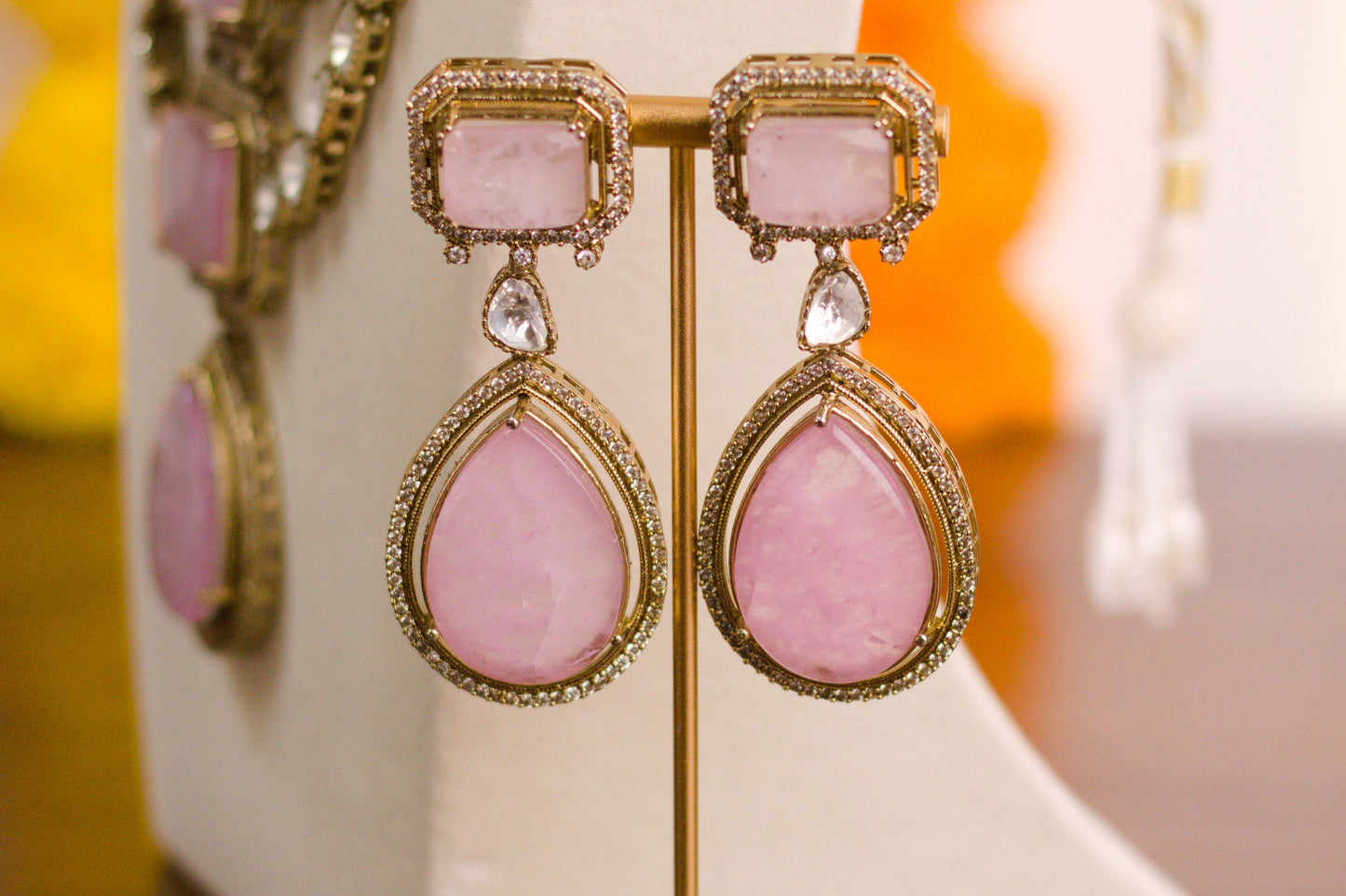 Light Pink Doublet Stone Moissanite Kundan Necklace Set