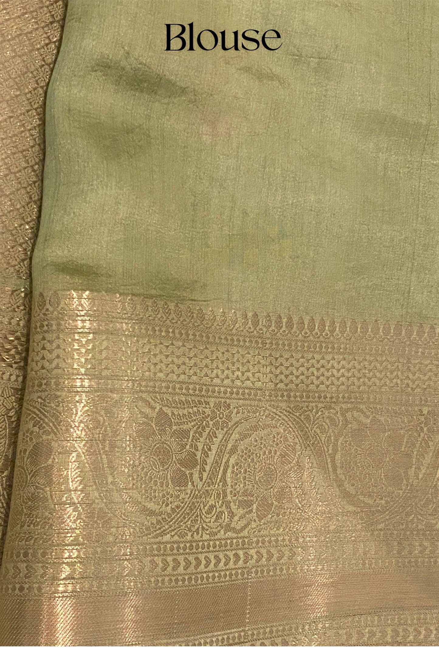 Light-Weight Pearlescent Green Pure Katan Silk Banarasi Handloom Saree with All Over Kadhwa Motifs and Intricate Bel Border in Subtle Gold Zari.