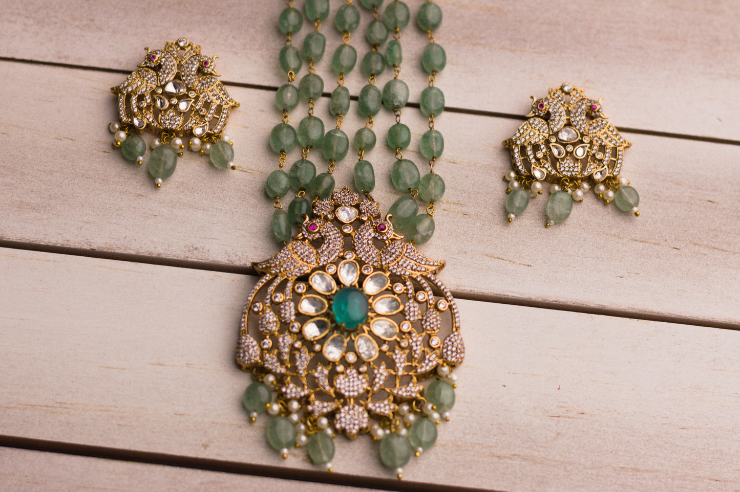 Jade Green Stone Studded Peacock Necklace Set.