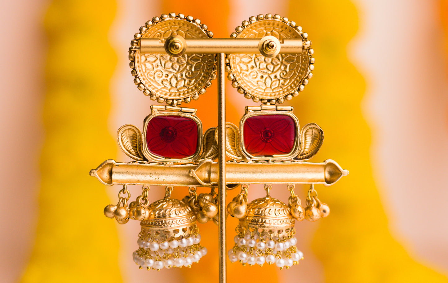 Red and Green Ornate Finial Jhumkas