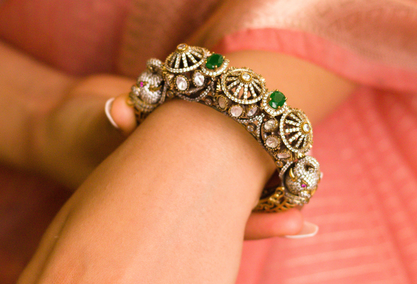 Green Kundan Studded Elephant Head Kangan