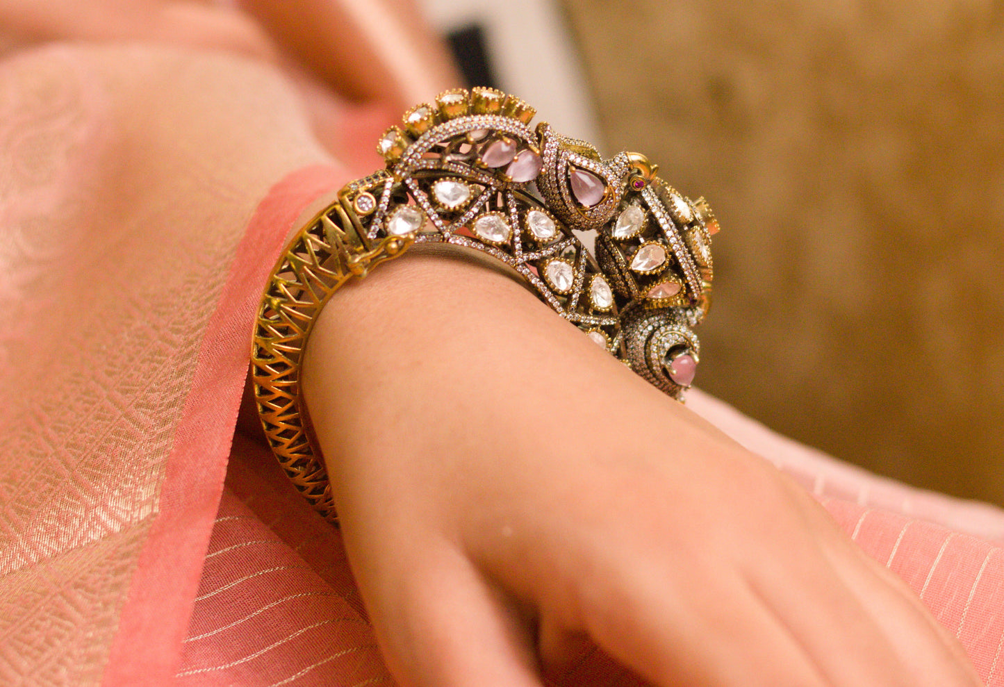 Pink Kundan Studded Mor Kangan