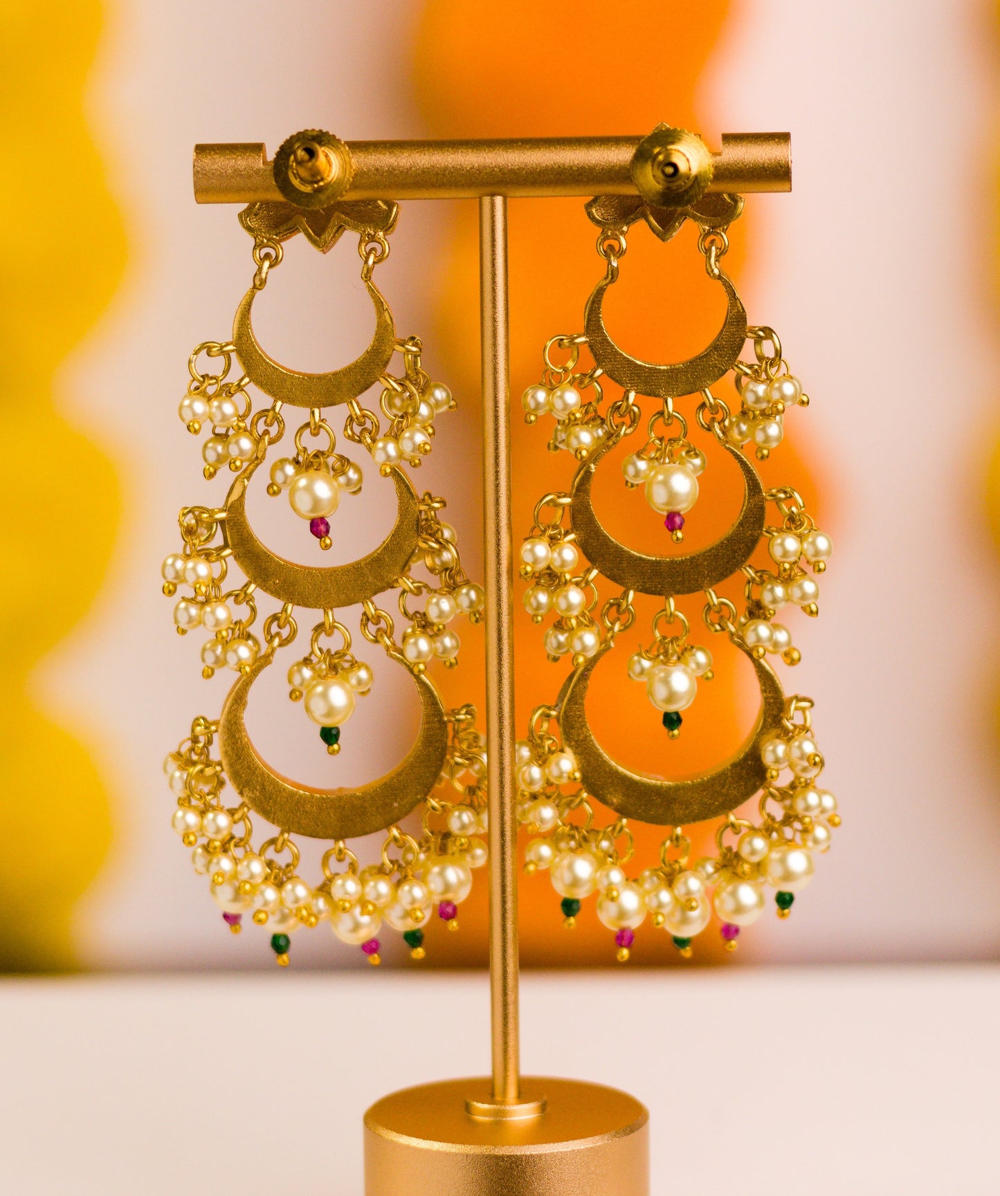 Teen Chand Jadau and Pearl Earrings