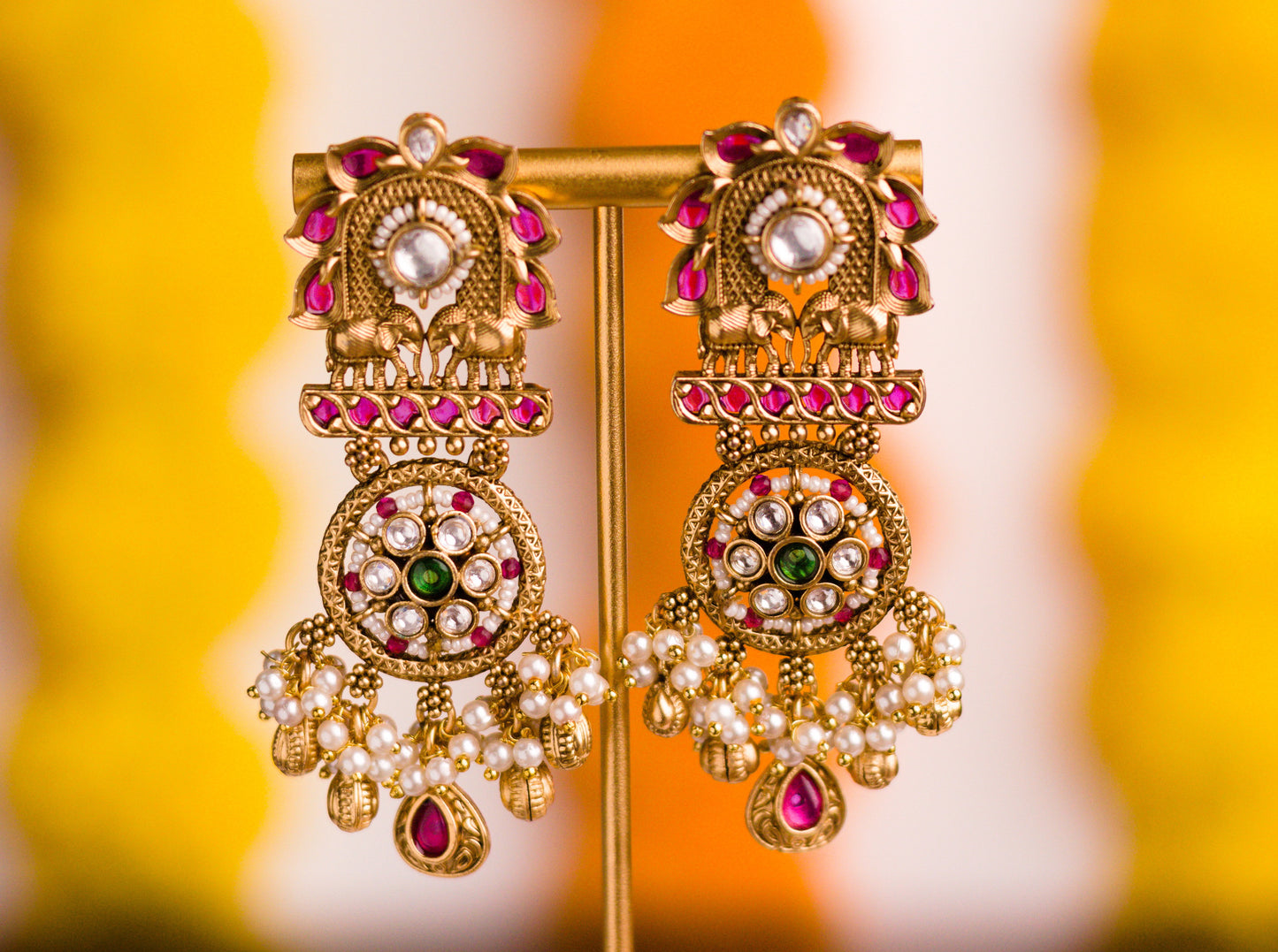 Rajwadi Green Stone Piroi Jharoka Haathi Necklace Set