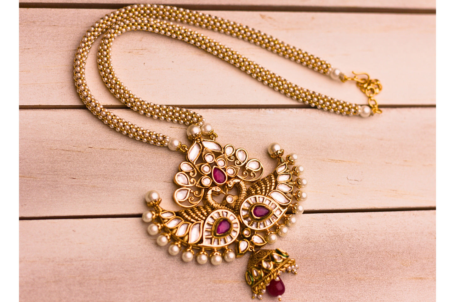Polki Kundan and Pearl Mor Necklace Set