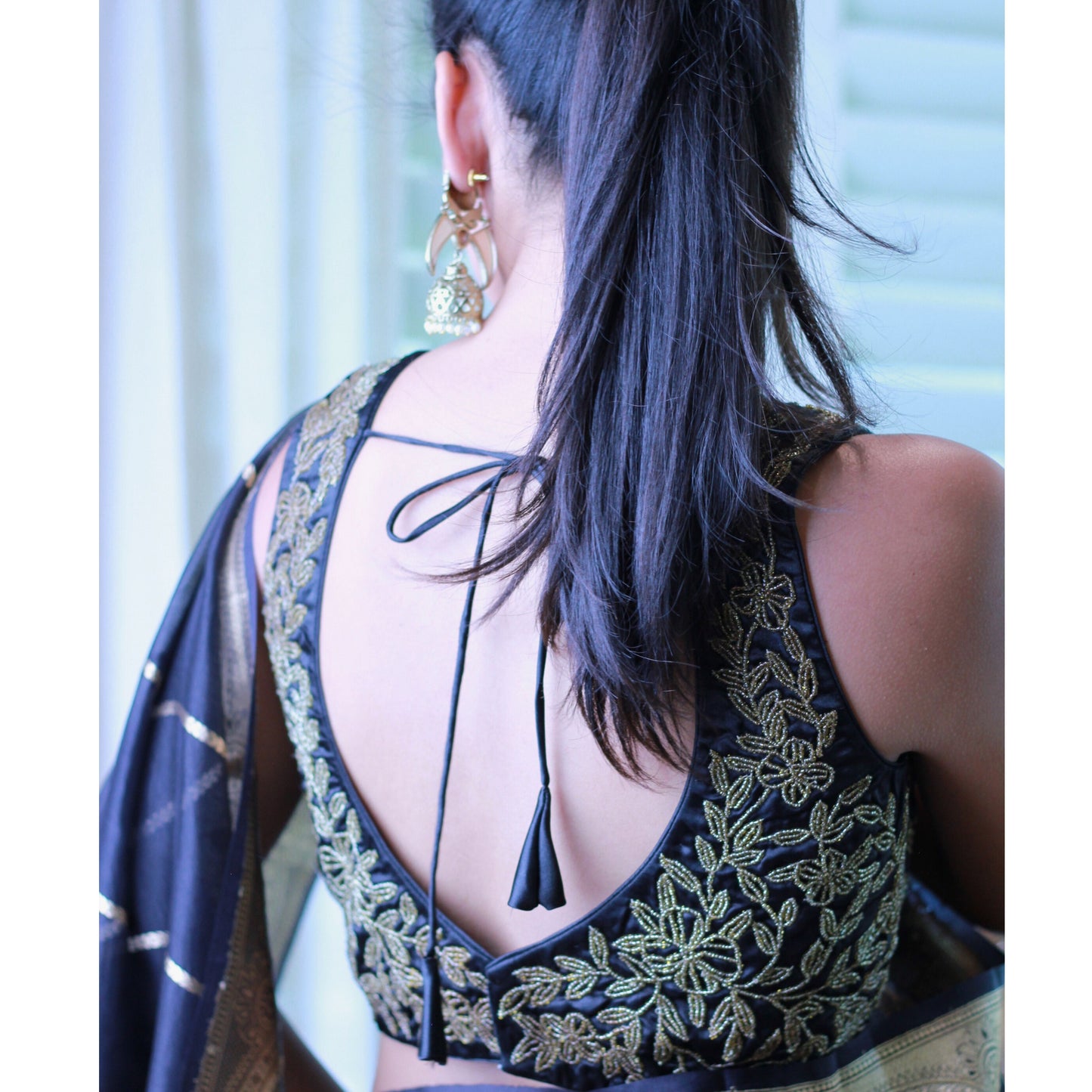 Black and Gold Hand Embroidered-Beaded Blouse / Size 36