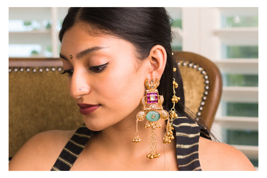 Rani Pachi Kundan Statement Earrings with Kaan Chains