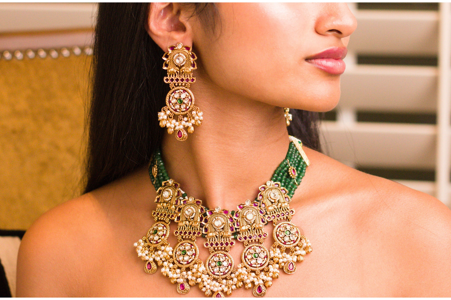 Rajwadi Green Stone Piroi Jharoka Haathi Necklace Set