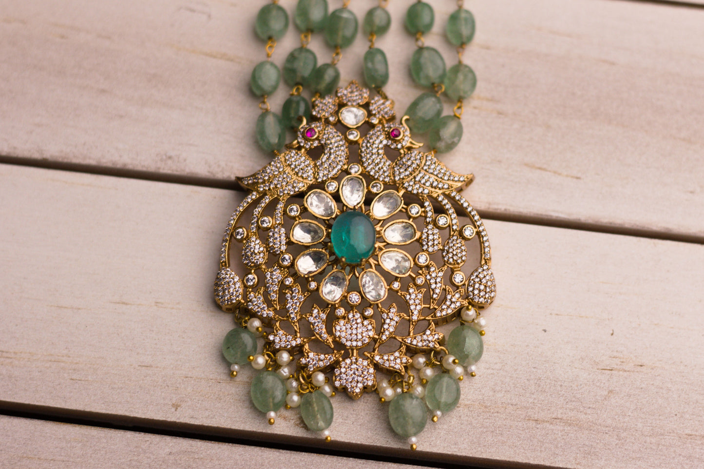 Jade Green Stone Studded Peacock Necklace Set.