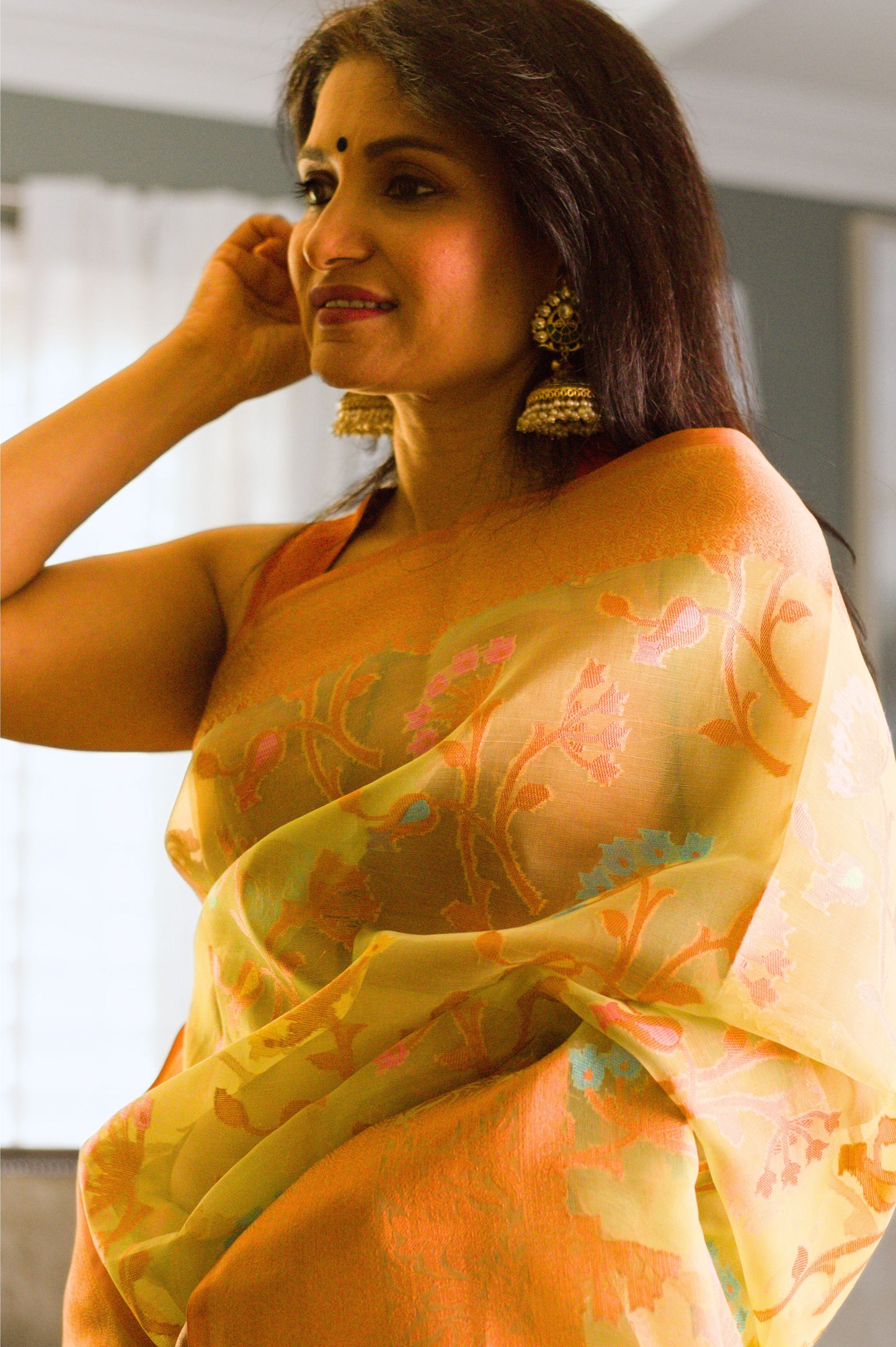 Green Banarasi Organza Meenakari Saree with Copper Zari Border and Pallu.