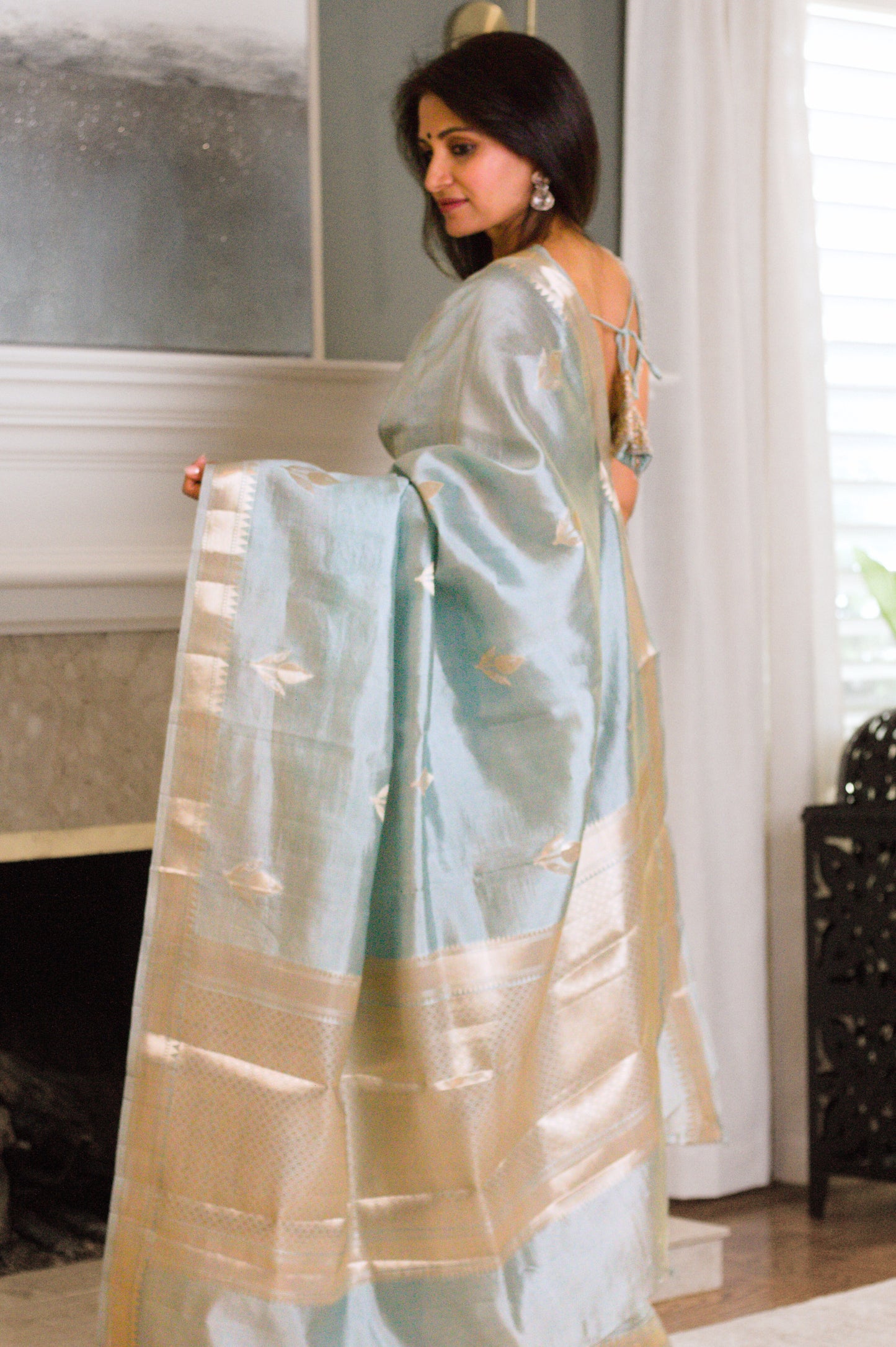 Dreamy Blue Pure Katan Silk Saree with Silver Zari Border and Buti.