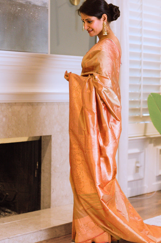 Pearlescent Rusty Beige Banarasi Pure Katan Silk Saree With Copper Zari