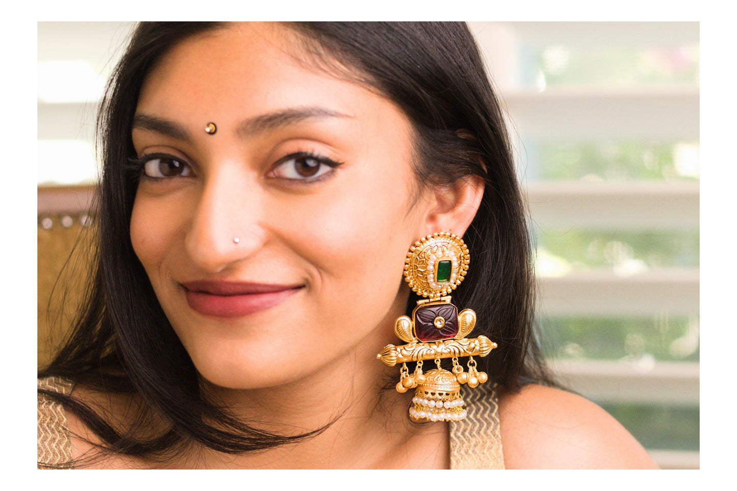Red and Green Ornate Finial Jhumkas