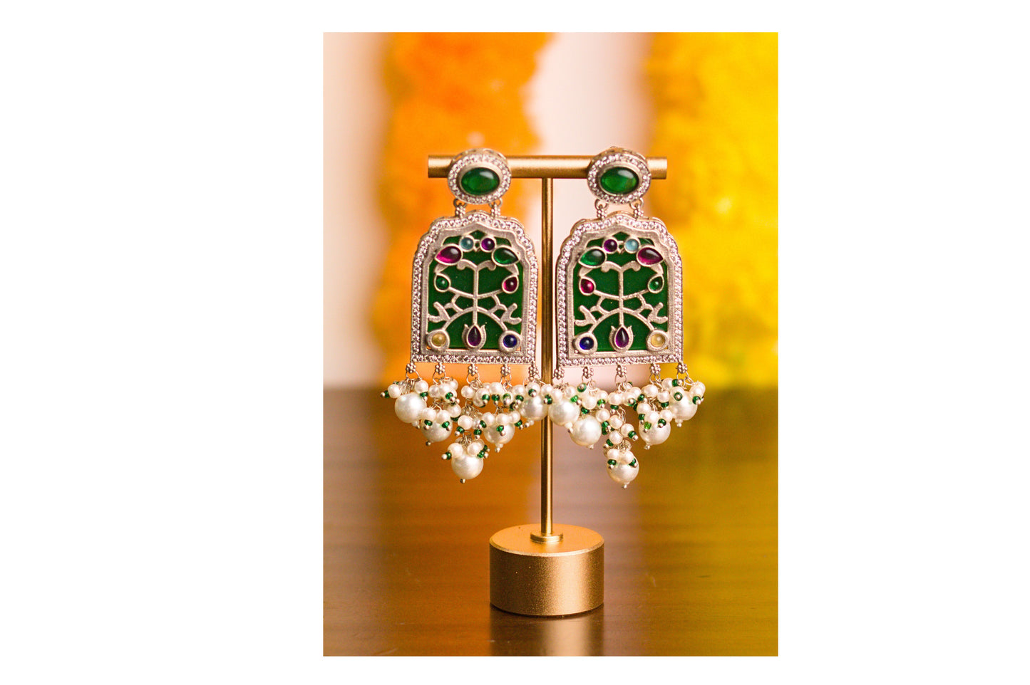 Dark Green Inlay Jharoka Earrings