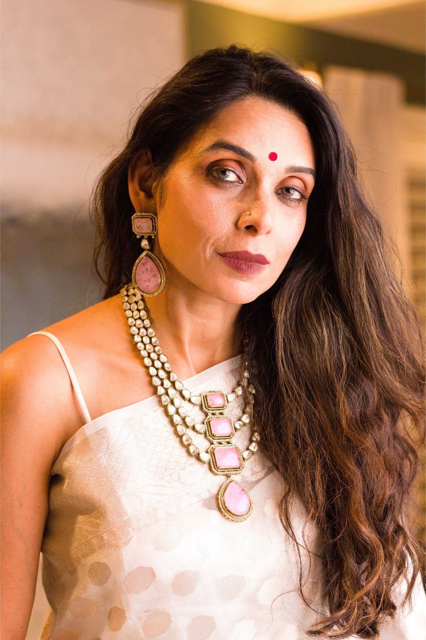 Light Pink Doublet Stone Moissanite Kundan Necklace Set