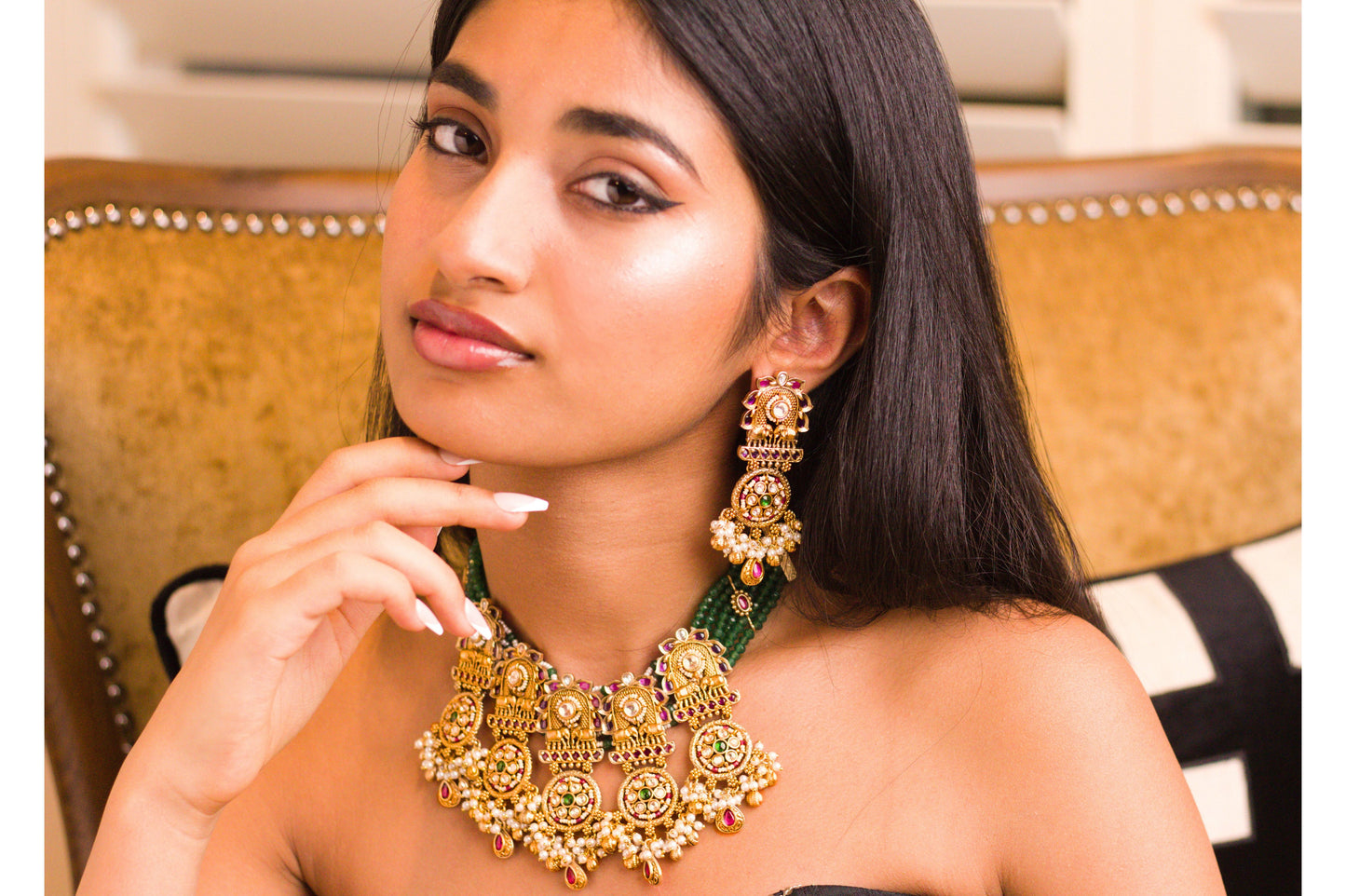 Rajwadi Green Stone Piroi Jharoka Haathi Necklace Set