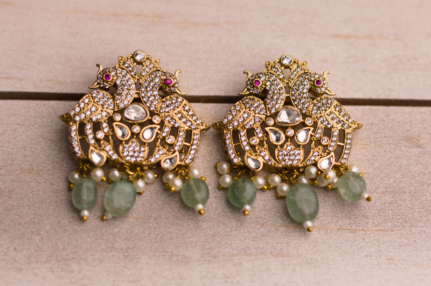 Jade Green Stone Studded Peacock Necklace Set.