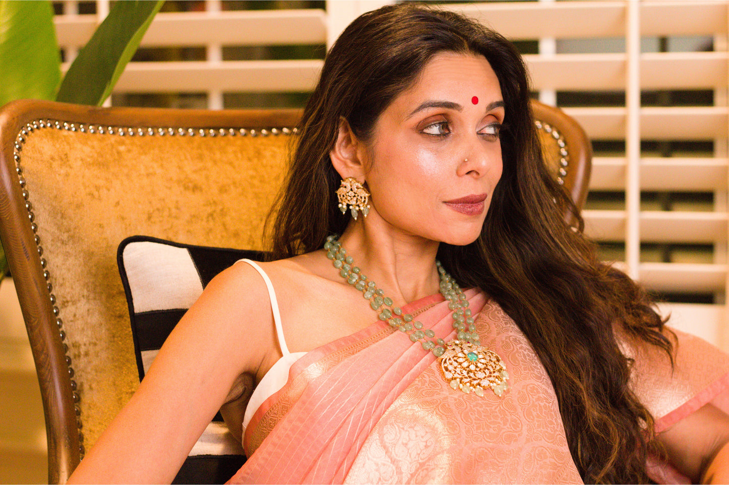 Jade Green Stone Studded Peacock Necklace Set.