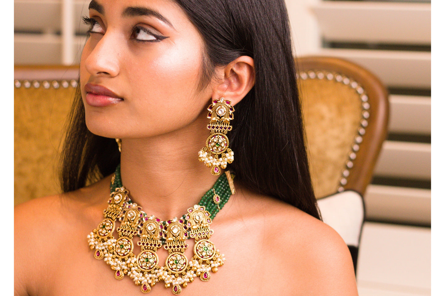 Rajwadi Green Stone Piroi Jharoka Haathi Necklace Set