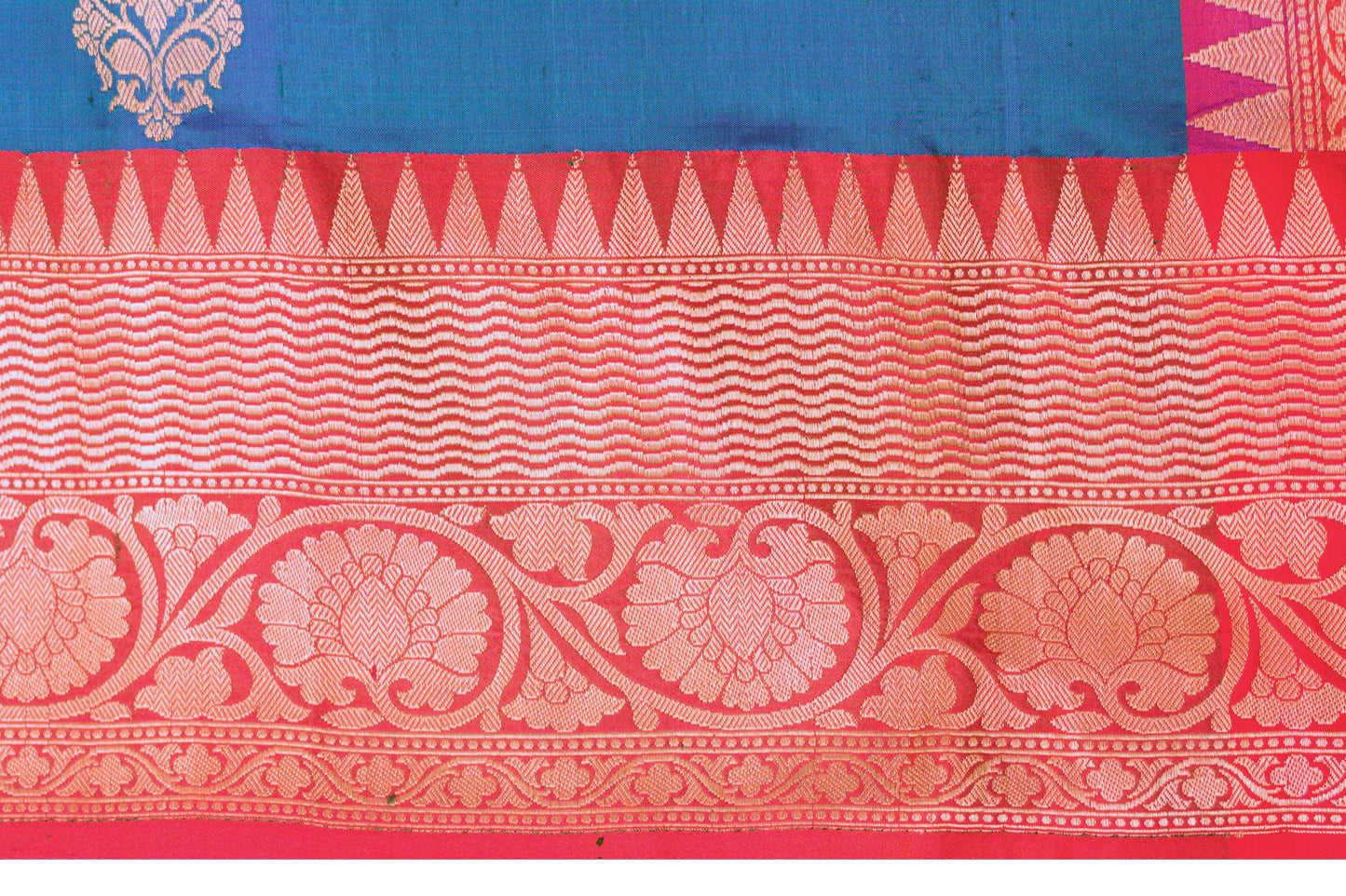 Iridescent Peacock Blue Banarasi Pure Katan Silk Saree With Red Border and Subtle Gold Jari