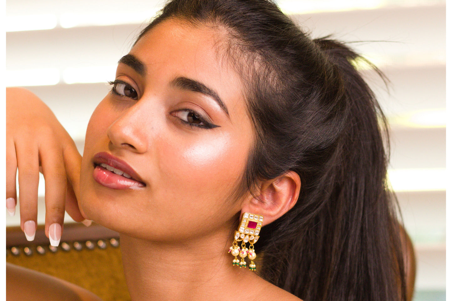 Gold Plated Kempu Window Pane Jadau  Earrings