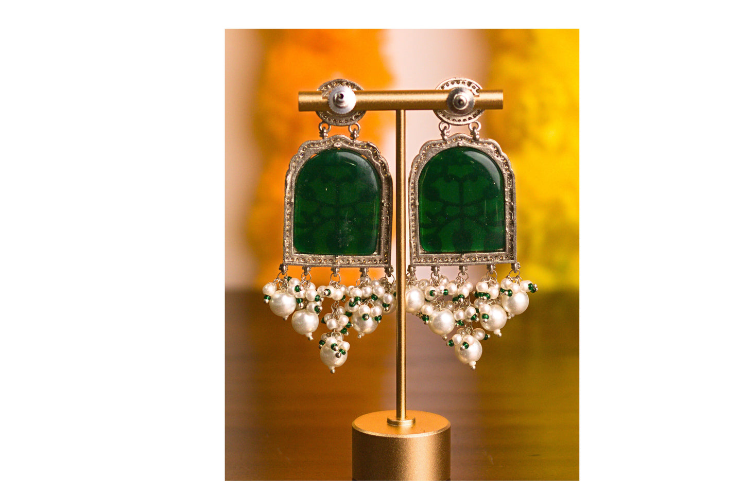 Dark Green Inlay Jharoka Earrings