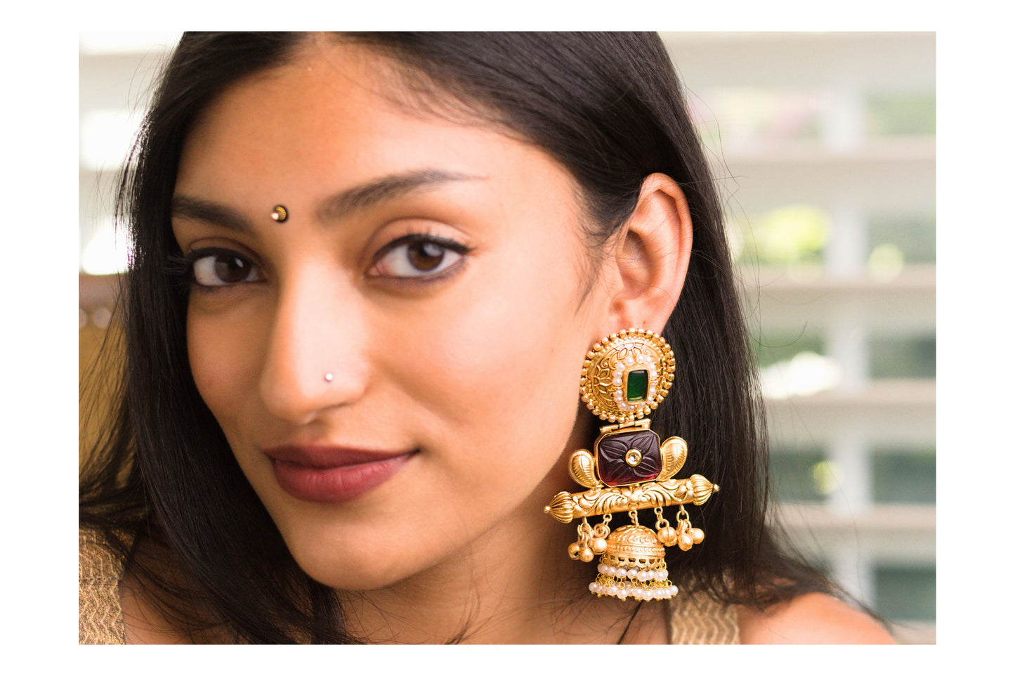 Red and Green Ornate Finial Jhumkas