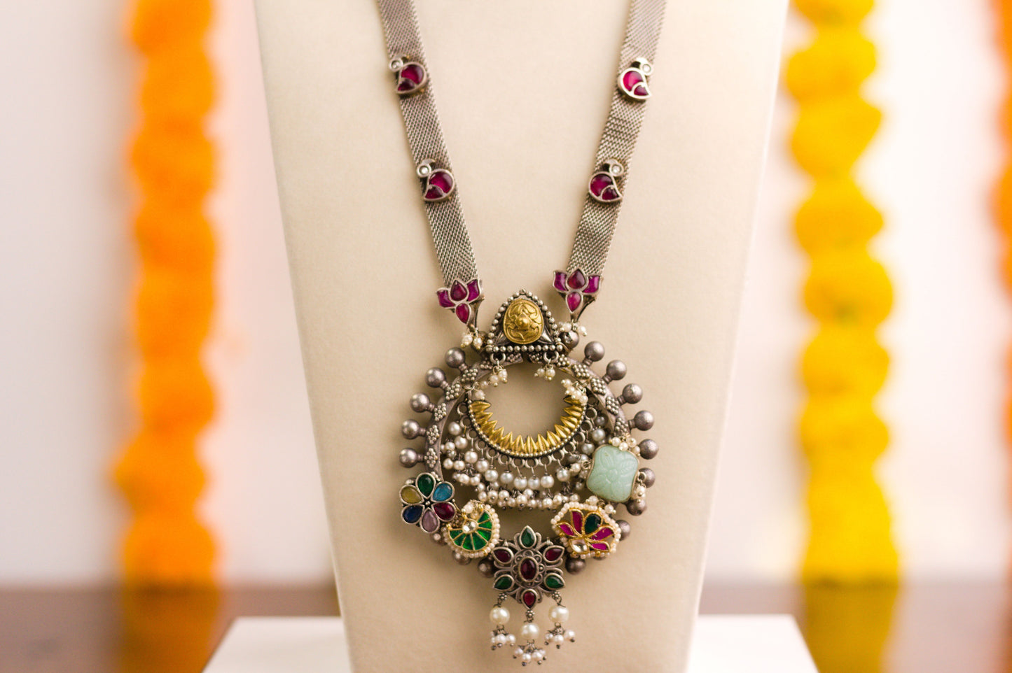 Handcrafted Oxidized Silver Necklace Set With Paachi Kundan Detailing
