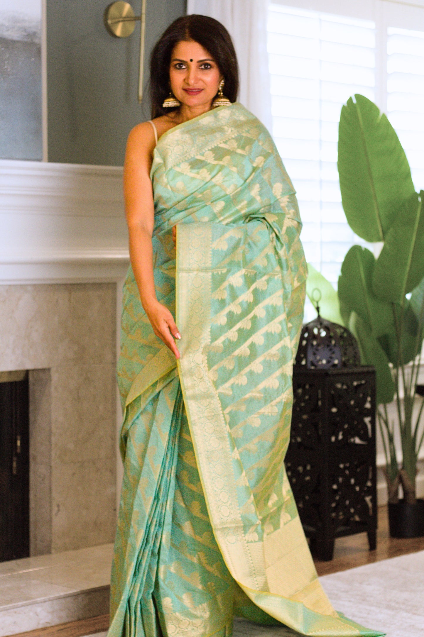Luminous Green Banarasi Handloom Tissue Saree with Gold Zari Stripes