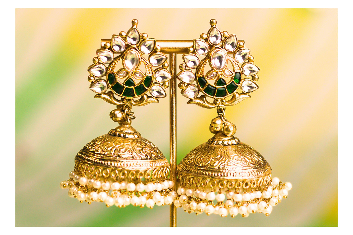 Green Jadau Kundan Pipal Patta Jhumkas