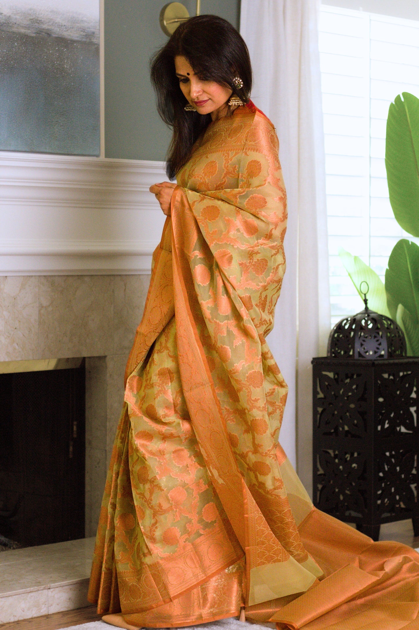 Green Banarasi Organza Saree with Copper Zari Border and Pallu.