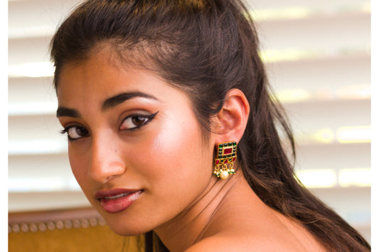 Gold Plated Kempu Ruby and Green Window Pane Jadau  Earrings