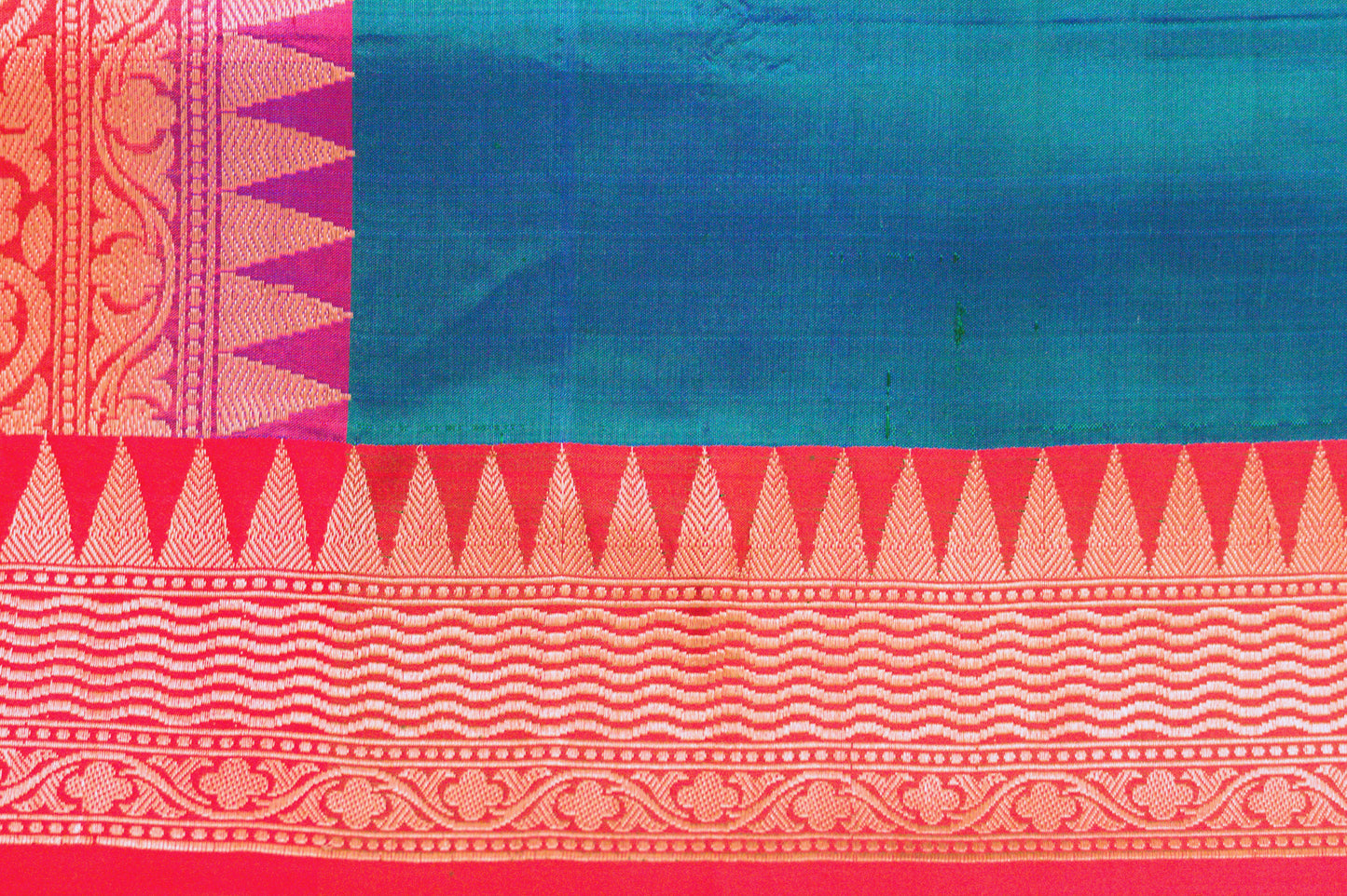 Iridescent Peacock Blue Banarasi Pure Katan Silk Saree With Red Border and Subtle Gold Jari