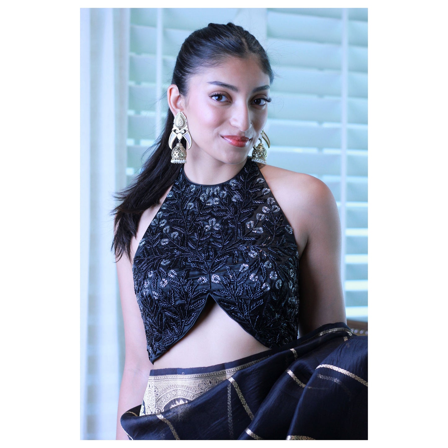 Black Beaded Hand Embroidered Halter Blouse