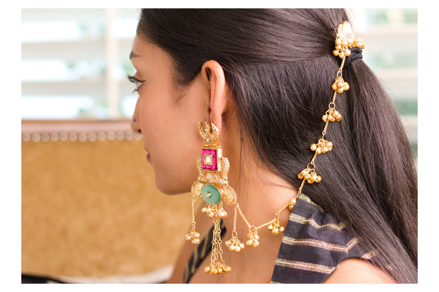 Rani Pachi Kundan Statement Earrings with Kaan Chains
