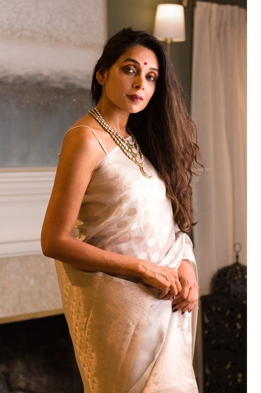 Silvery-Grey Tissue Handloom Kadhwa Banarasi Saree With Ginni Booti