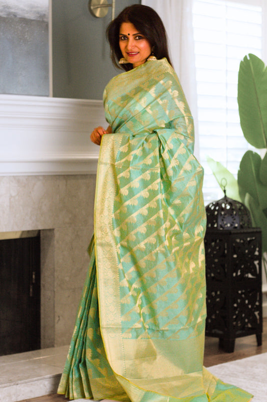 Luminous Green Banarasi Handloom Tissue Saree with Gold Zari Stripes