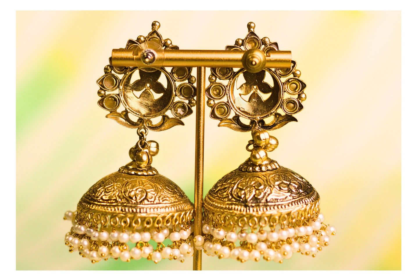 Green Jadau Kundan Pipal Patta Jhumkas